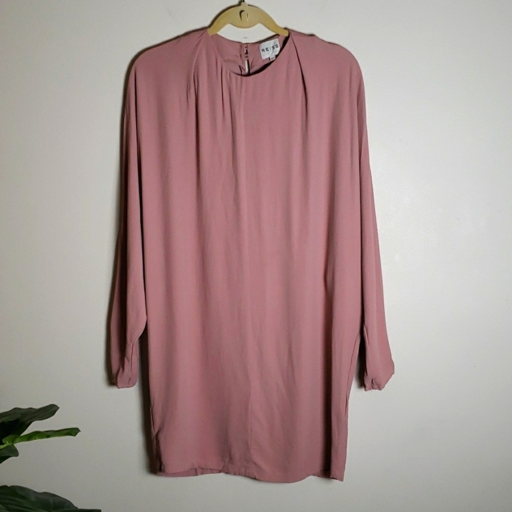 Reiss pink above knee dress, long sleeves, keyhole back, women's size 8